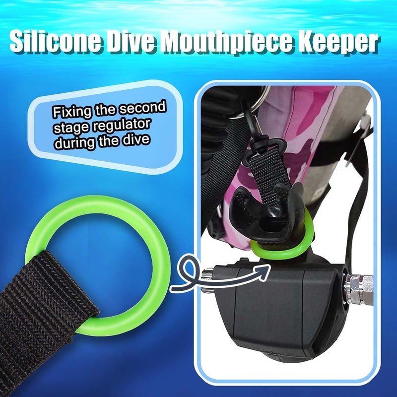 JUSTOOP Store Scuba Octopus Mouthpiece Holder,Silicone Octopus Holder for Scuba Diving 0cto Mouthpiece Keeper for 2nd Stage Regulator Octopus Retainer with Spring Clip,2 PCS,Green/Yellow - Image 2